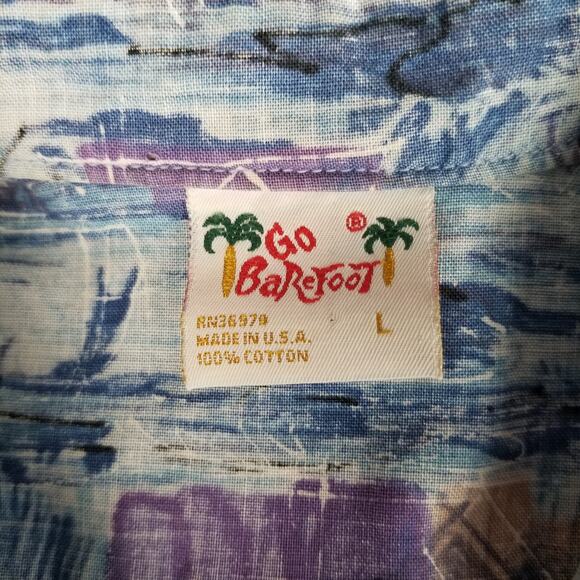 Go Barefoot Blue Purple Hawaiin Men's Short Sleeve Vintage Tropical Beach Shirt - Picture 4 of 4